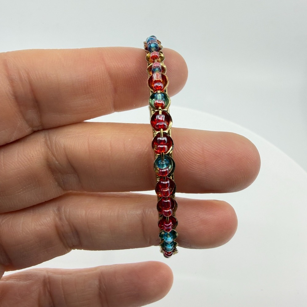 Gold Tone Bangle Bracelet Red Blue Bead Accent Stacking Boho Festival Chic Gift